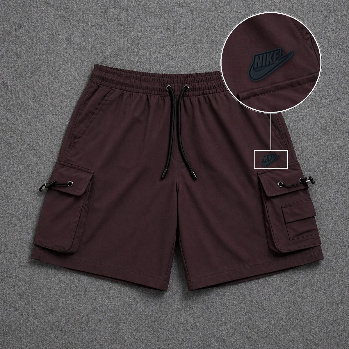 Short Cargo Streetwear Dual Pocket Marrom com patch Nike Preto