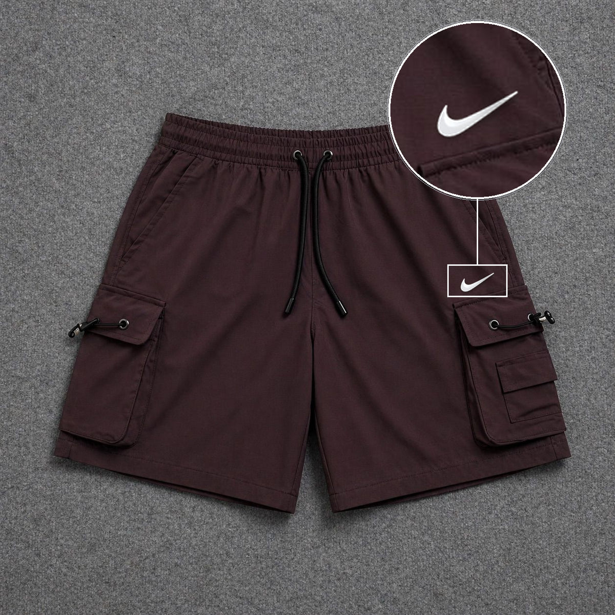 Short Cargo Streetwear Dual Pocket Marrom com patch Nike Swoosh Branco