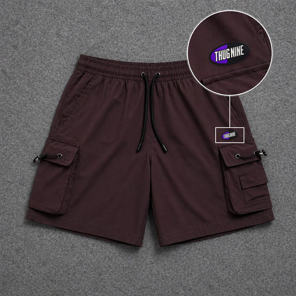 Short Cargo Streetwear Dual Pocket Marrom com patch Thug Nine Oval Preto Com Roxo