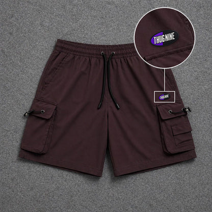 Short Cargo Streetwear Dual Pocket Marrom com patch Thug Nine Oval Preto Com Roxo