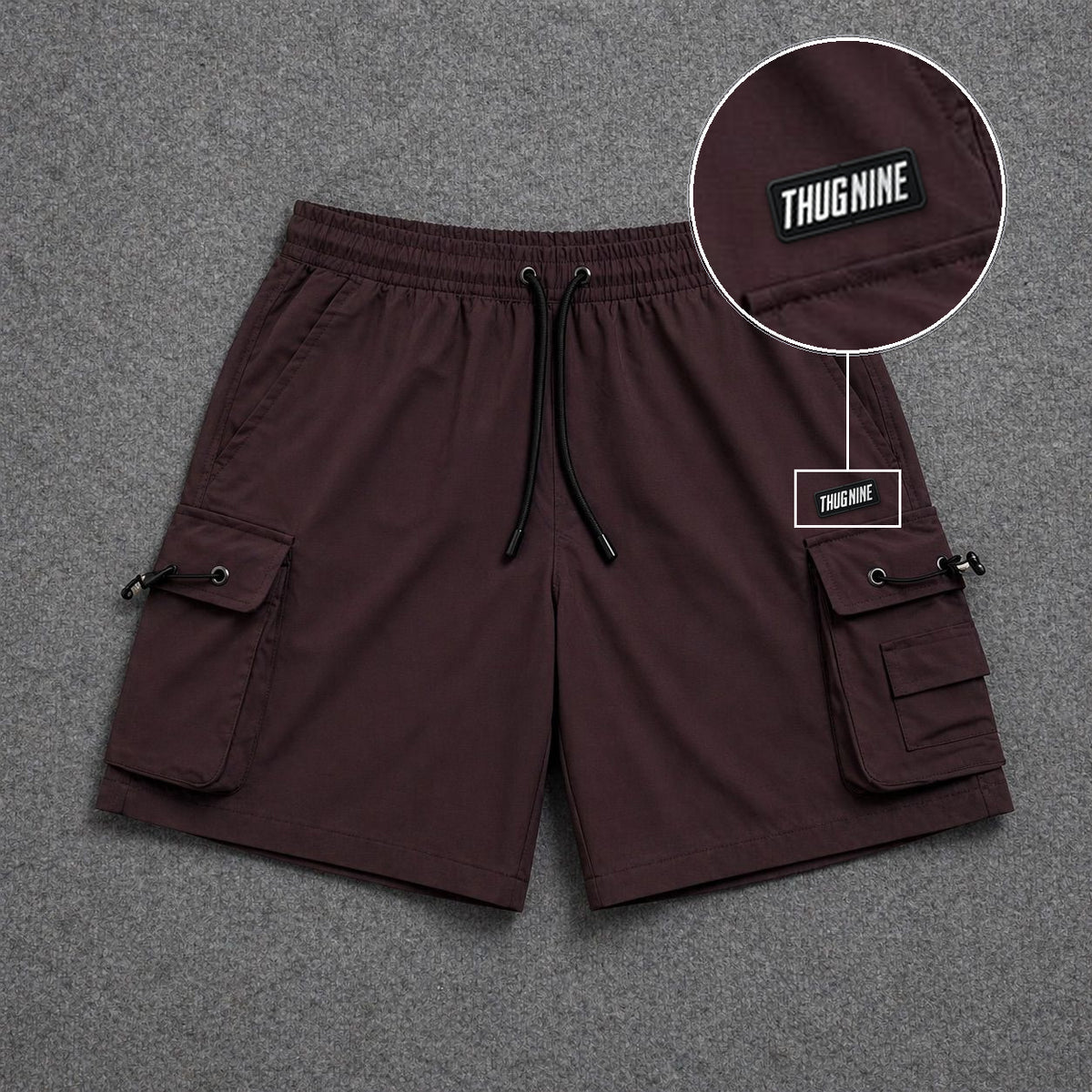 Short Cargo Streetwear Dual Pocket Marrom com patch Thug Nine Retangular