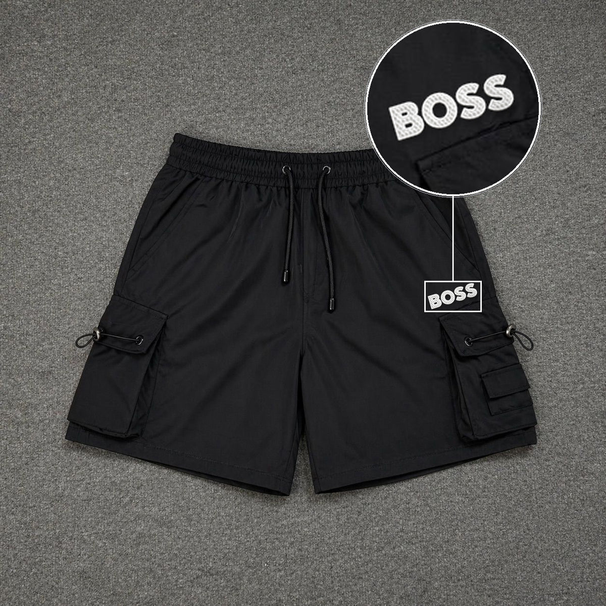 Short Cargo Streetwear Dual Pocket Preto com patch Boss Sp Branco