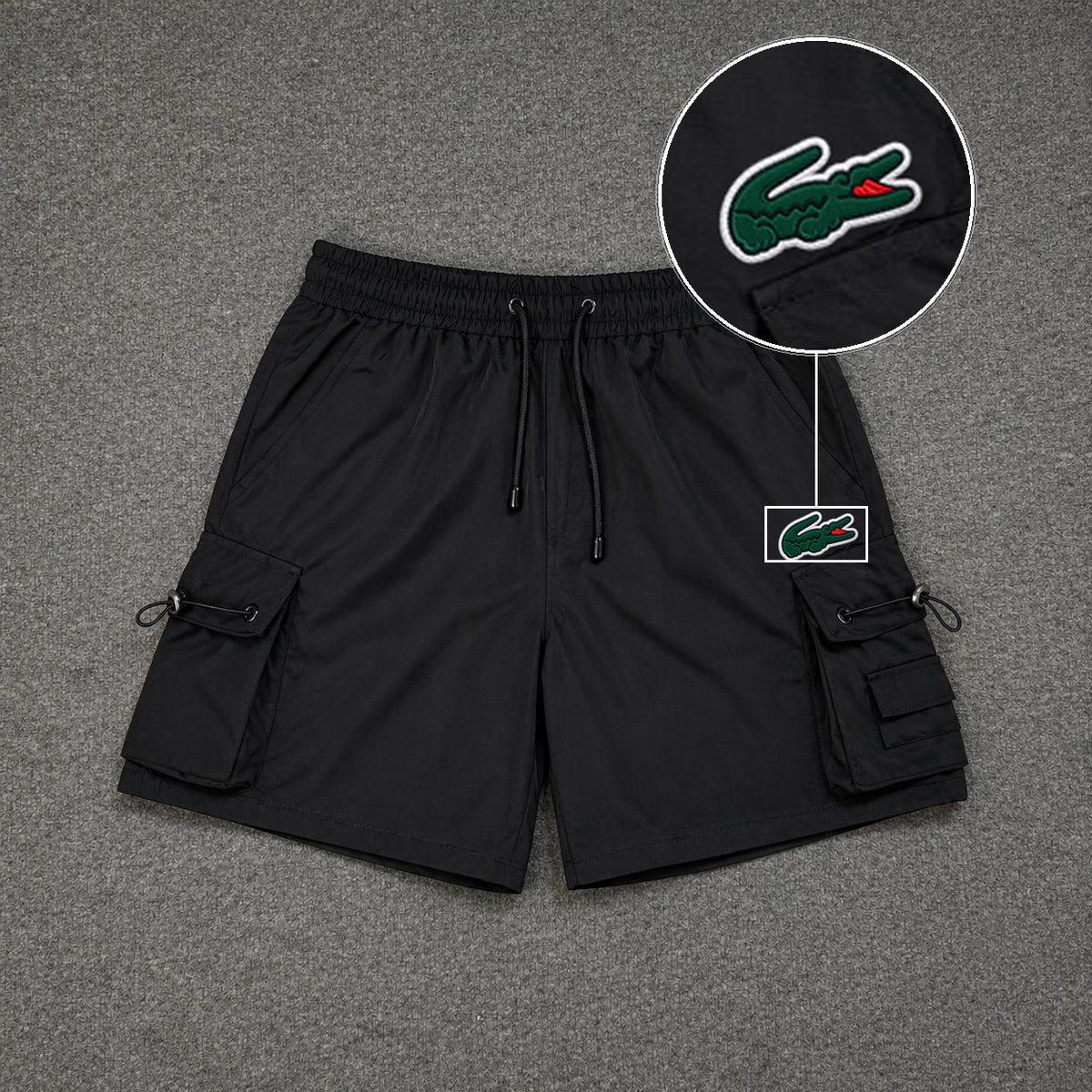 Short Cargo Streetwear Dual Pocket Preto com patch Lacoste Sp