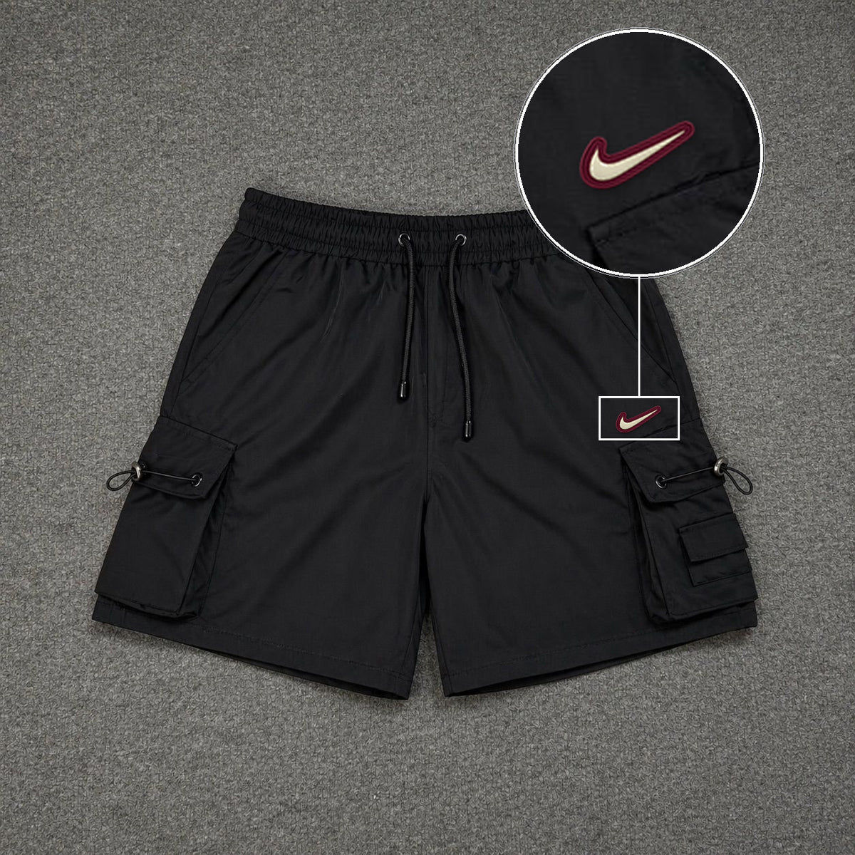Short Cargo Streetwear Dual Pocket Preto com patch Nike Resinado Marrom