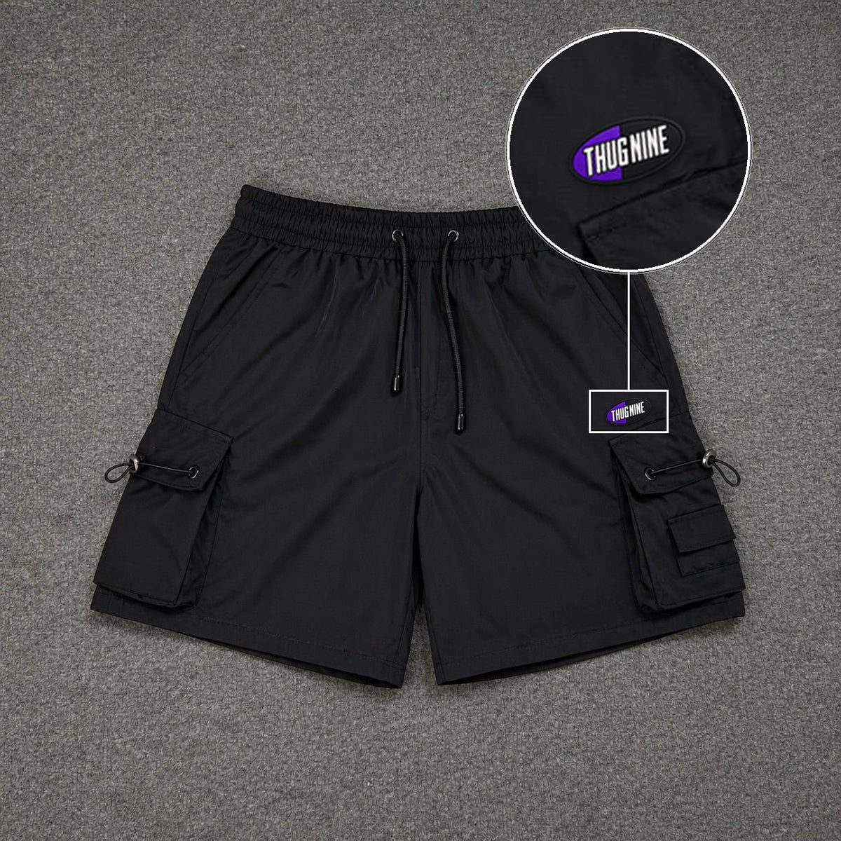 Short Cargo Streetwear Dual Pocket Preto com patch Thug Nine Oval Preto Com Roxo
