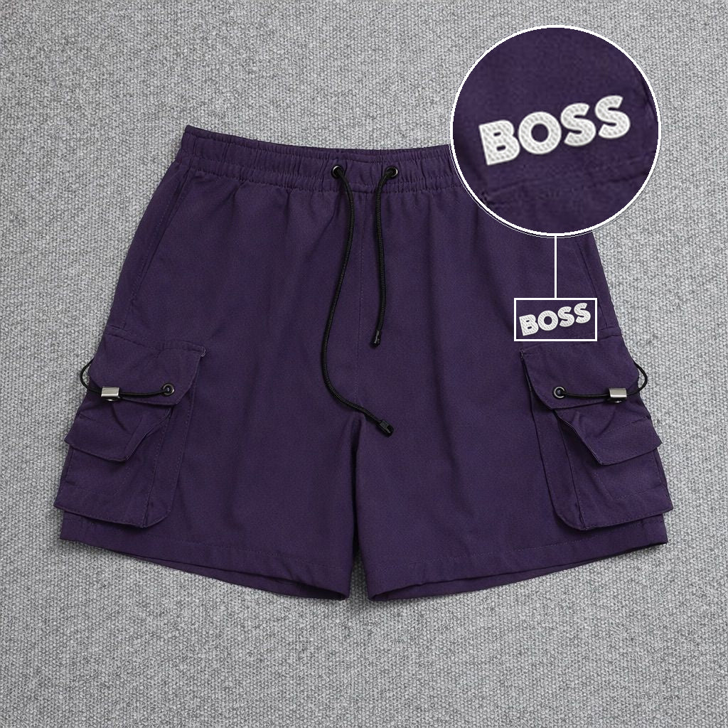 Short Cargo Streetwear Dual Pocket Roxo com patch Boss Sp Branco