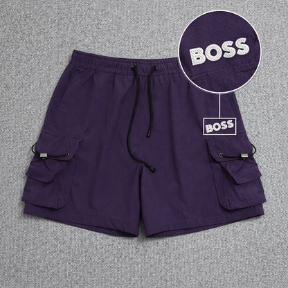 Short Cargo Streetwear Dual Pocket Roxo com patch Boss Sp Branco