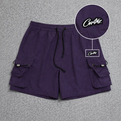 Short Cargo Streetwear Dual Pocket Roxo com patch Cortez Escrito