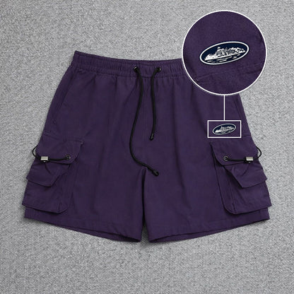 Short Cargo Streetwear Dual Pocket Roxo com patch Cortez Prisao