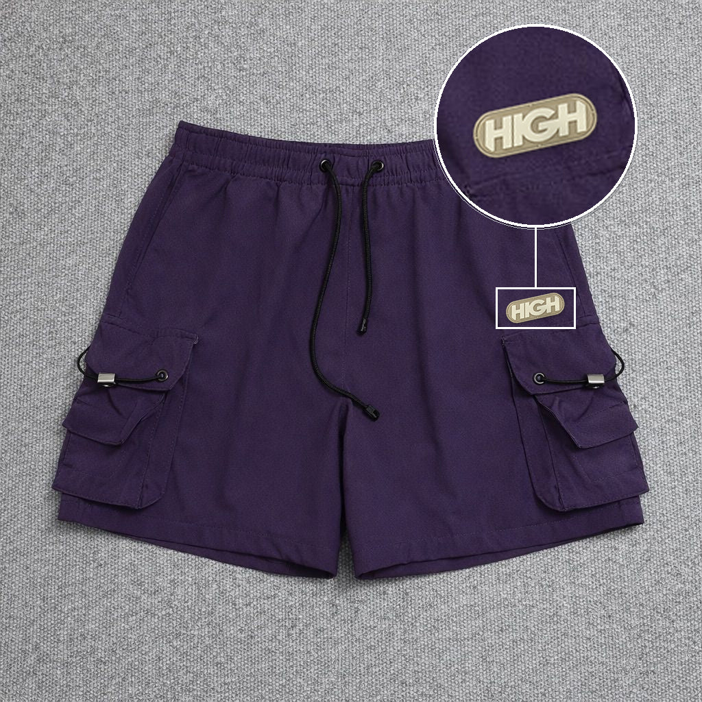 Short Cargo Streetwear Dual Pocket Roxo com patch High Resina Oval Bege