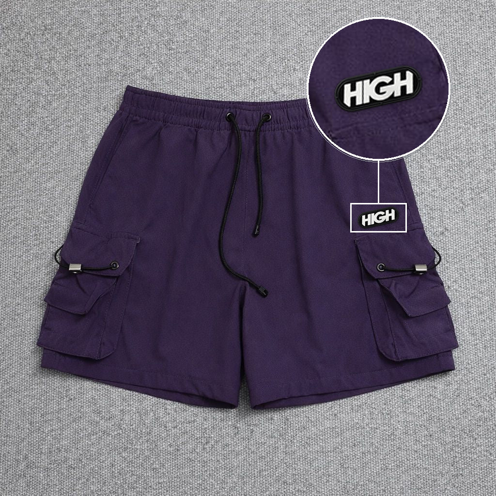Short Cargo Streetwear Dual Pocket Roxo com patch High Resina Oval Preta