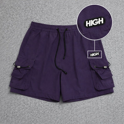 Short Cargo Streetwear Dual Pocket Roxo com patch High Resina Oval Preta