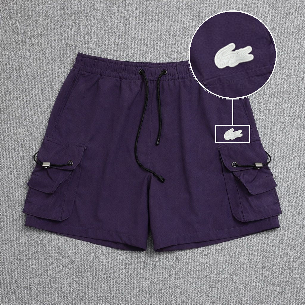Short Cargo Streetwear Dual Pocket Roxo com patch Lacoste Sp Branco