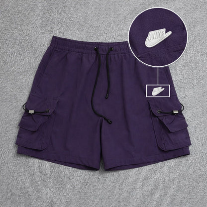 Short Cargo Streetwear Dual Pocket Roxo com patch Nike Branco
