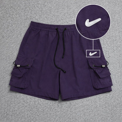 Short Cargo Streetwear Dual Pocket Roxo com patch Nike Facao Sp Branca