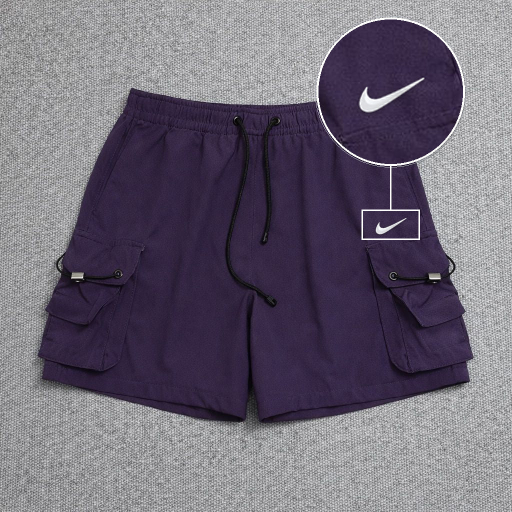 Short Cargo Streetwear Dual Pocket Roxo com patch Nike Swoosh Branco
