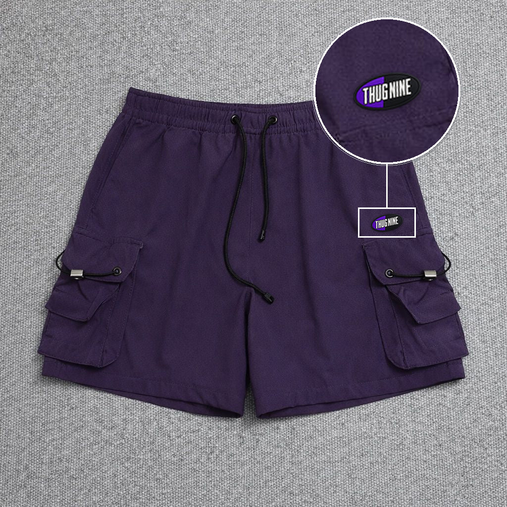 Short Cargo Streetwear Dual Pocket Roxo com patch Thug Nine Oval Preto Com Roxo