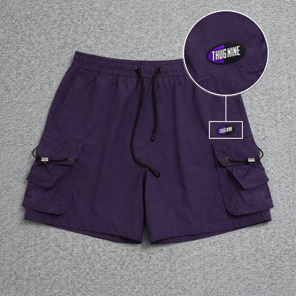 Short Cargo Streetwear Dual Pocket Roxo com patch Thug Nine Oval Preto Com Roxo