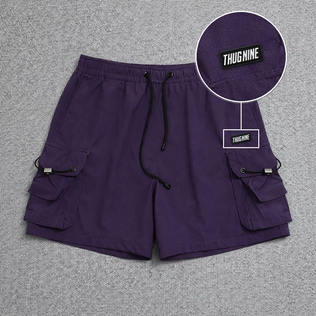 Short Cargo Streetwear Dual Pocket Roxo com patch Thug Nine Retangular