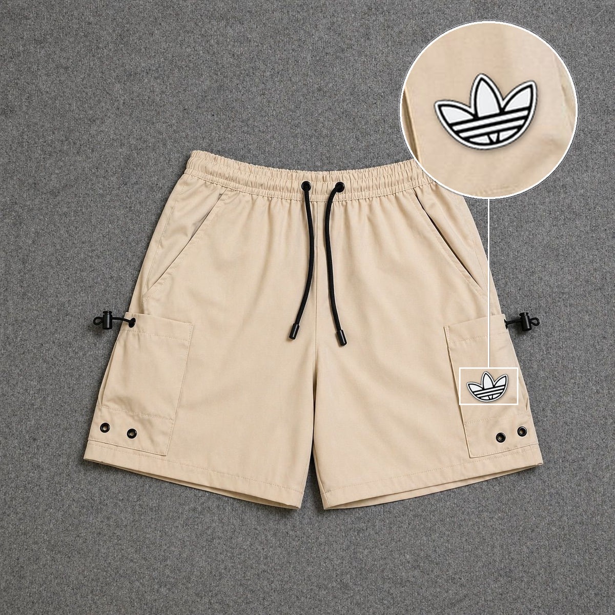 Short Cargo Streetwear Urban com Bolsos Laterais Bege com patch Adidas P B