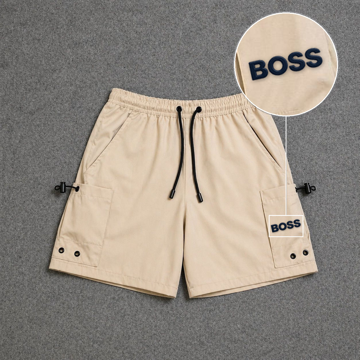 Short Cargo Streetwear Urban com Bolsos Laterais Bege com patch Boss Sp Preto