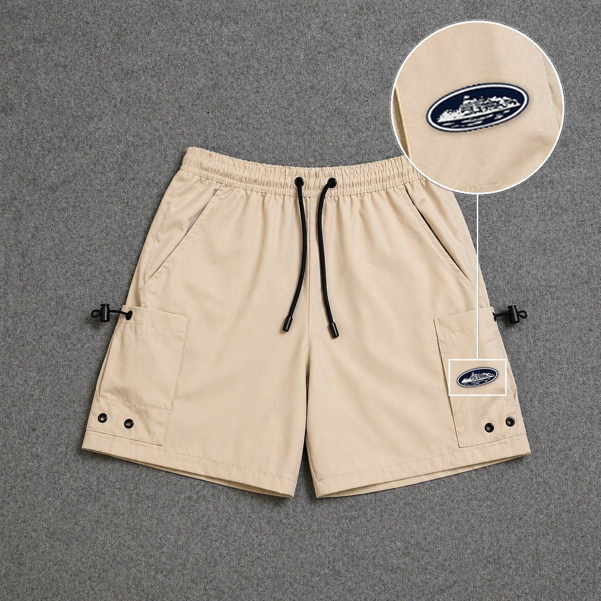 Short Cargo Streetwear Urban com Bolsos Laterais Bege com patch Cortez Prisao
