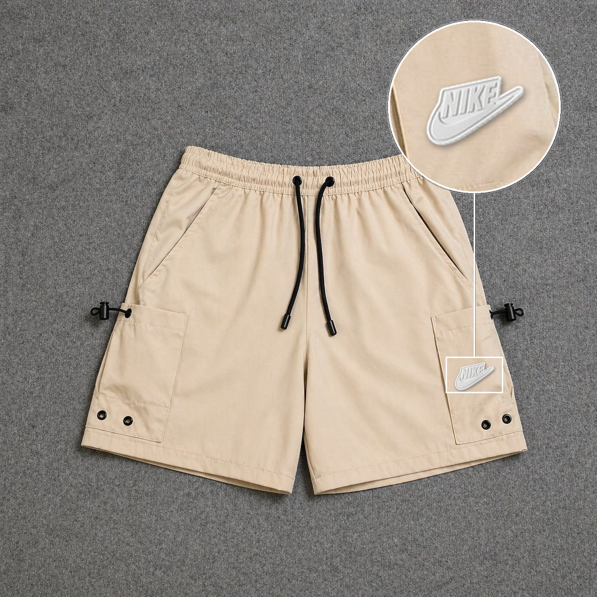 Short Cargo Streetwear Urban com Bolsos Laterais Bege com patch Nike Branco