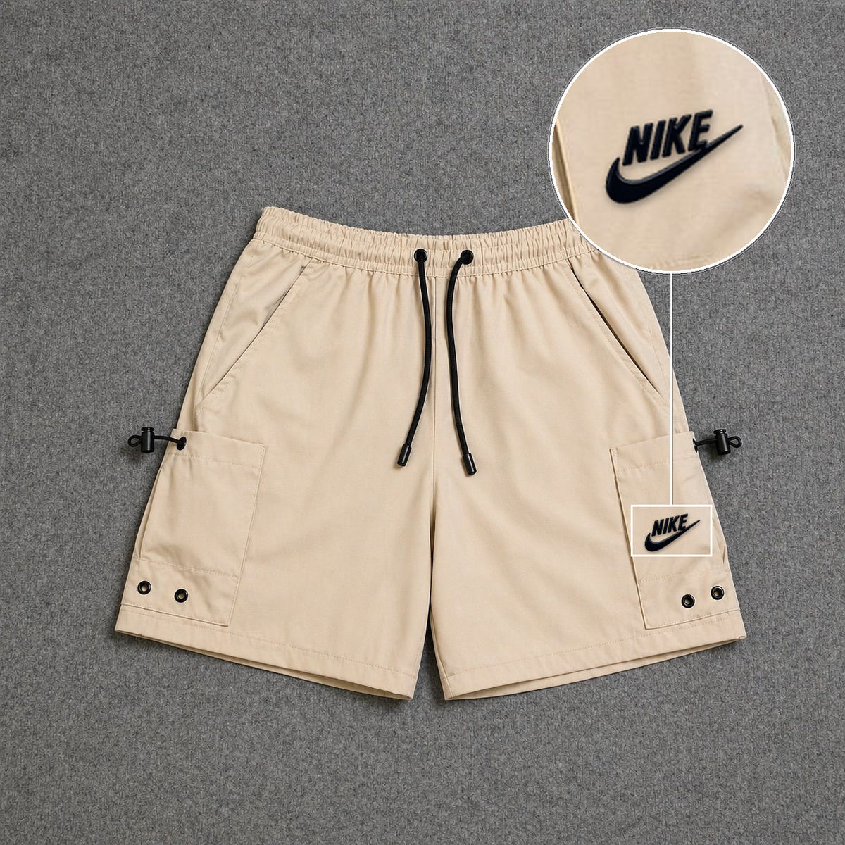 Short Cargo Streetwear Urban com Bolsos Laterais Bege com patch Nike Escrita Sp Preto