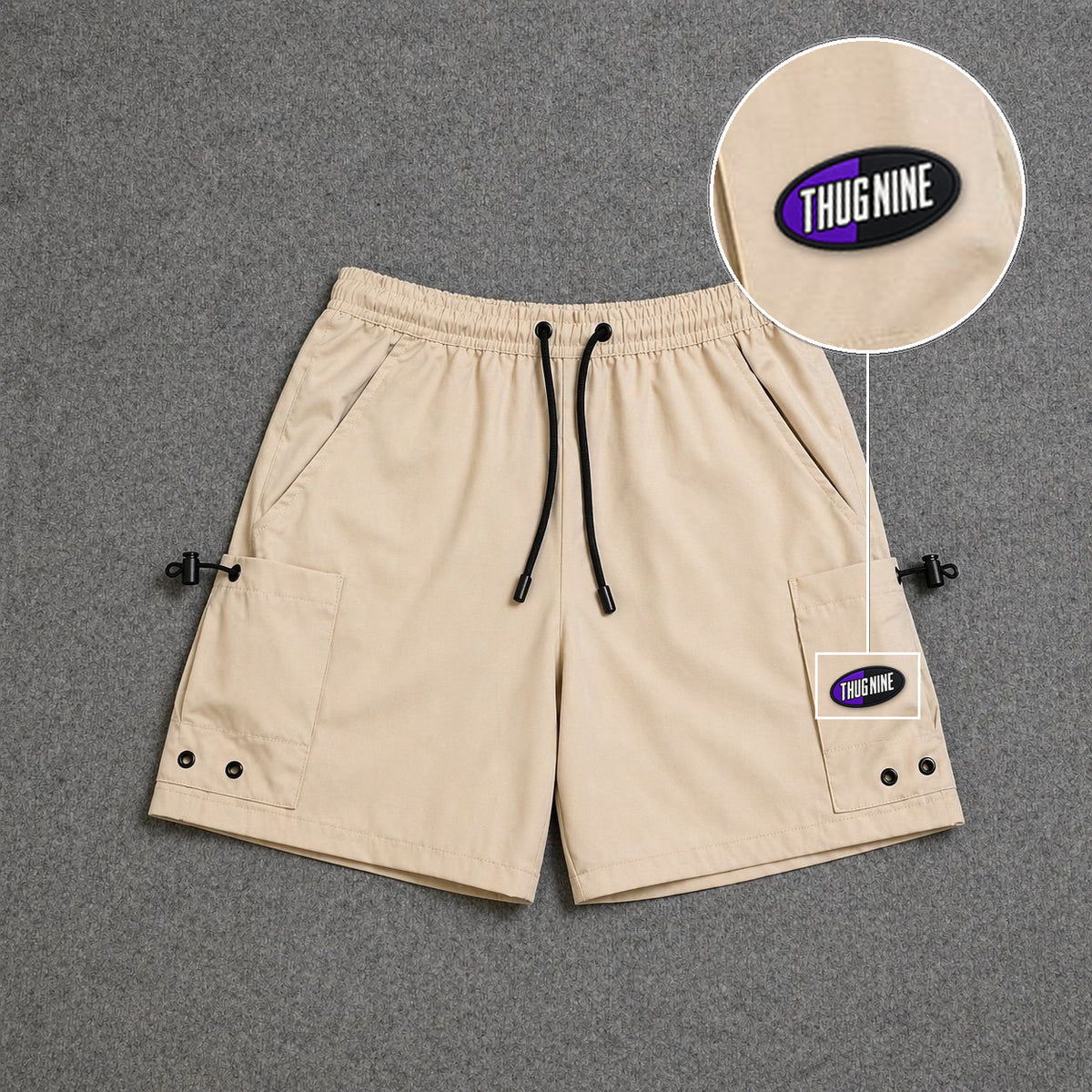Short Cargo Streetwear Urban com Bolsos Laterais Bege com patch Thug Nine Oval Preto Com Roxo