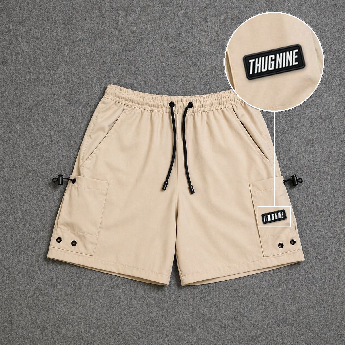 Short Cargo Streetwear Urban com Bolsos Laterais Bege com patch Thug Nine Retangular