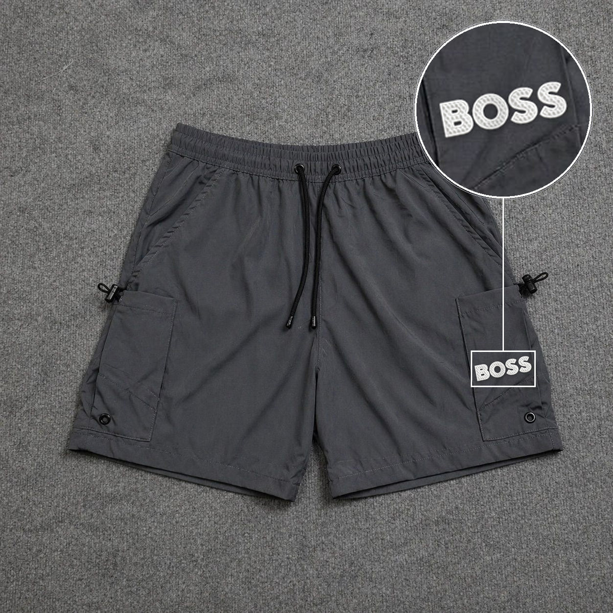 Short Cargo Streetwear Urban com Bolsos Laterais Cinza com patch Boss Sp Branco