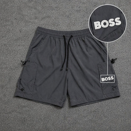 Short Cargo Streetwear Urban com Bolsos Laterais Cinza com patch Boss Sp Branco