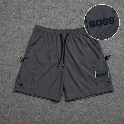 Short Cargo Streetwear Urban com Bolsos Laterais Cinza com patch Boss Sp Preto