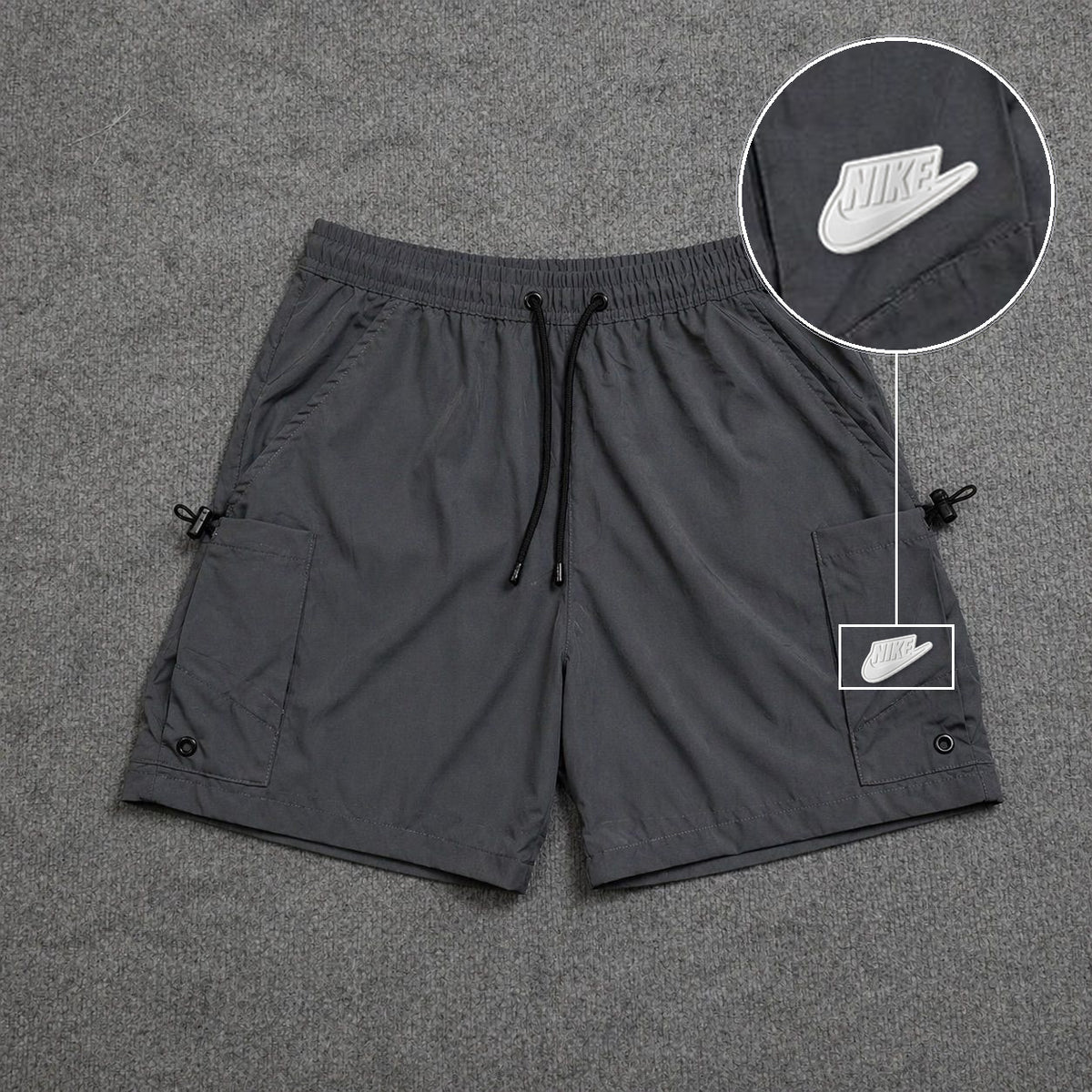 Short Cargo Streetwear Urban com Bolsos Laterais Cinza com patch Nike Branco