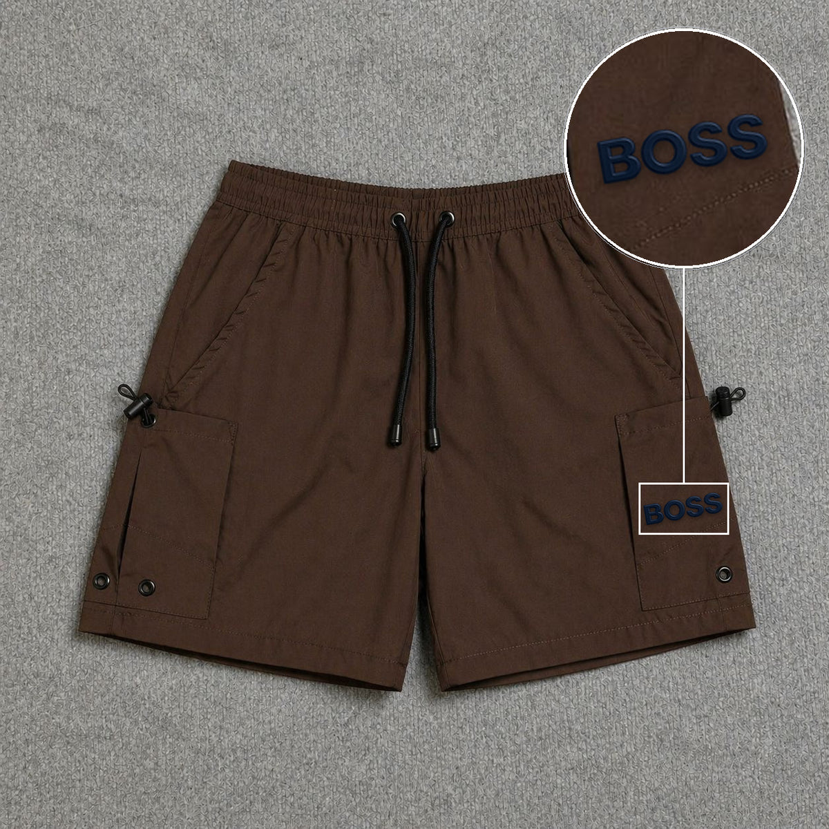 Short Cargo Streetwear Urban com Bolsos Laterais Marrom com patch Boss Sp Preto