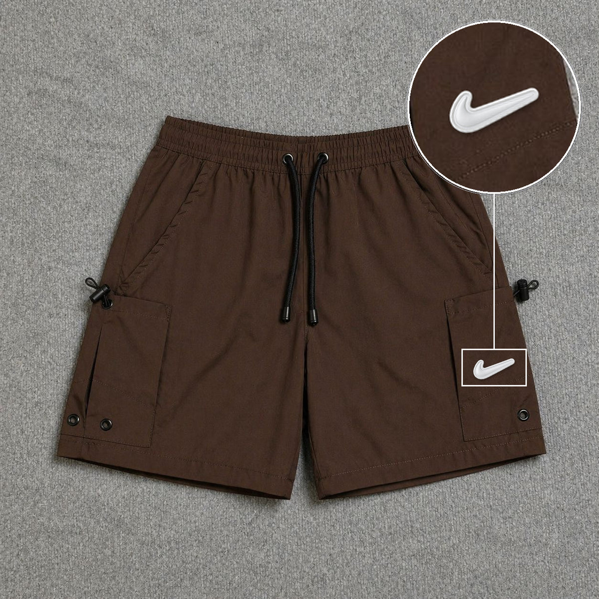 Short Cargo Streetwear Urban com Bolsos Laterais Marrom com patch Nike Facao Sp Branca