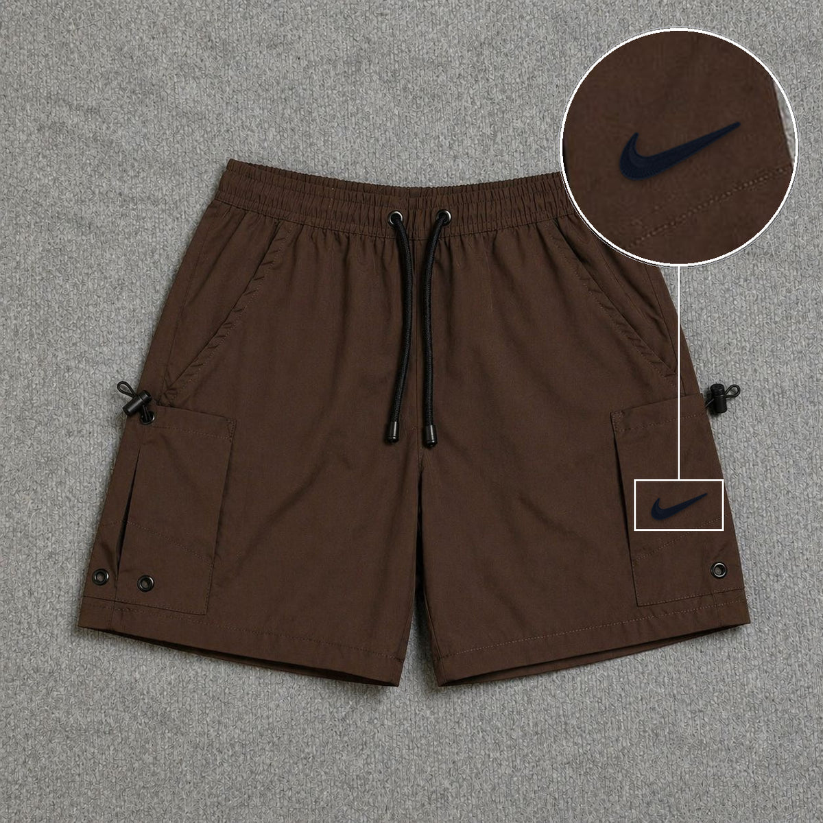 Short Cargo Streetwear Urban com Bolsos Laterais Marrom com patch Nike Facao Sp Preto