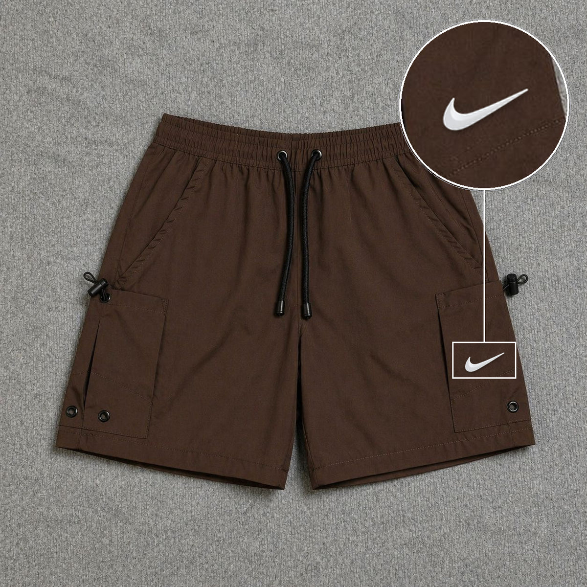 Short Cargo Streetwear Urban com Bolsos Laterais Marrom com patch Nike Swoosh Branco