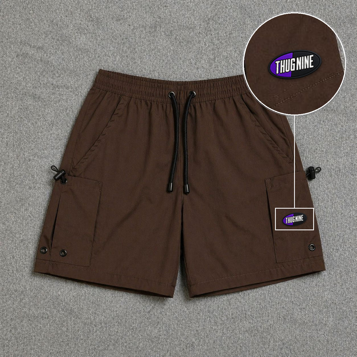 Short Cargo Streetwear Urban com Bolsos Laterais Marrom com patch Thug Nine Oval Preto Com Roxo