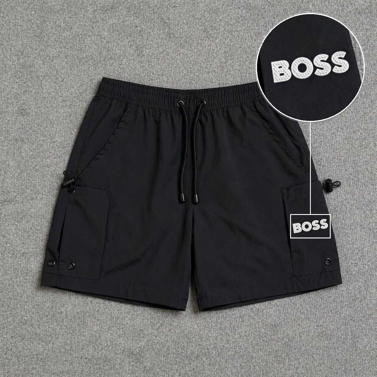 Short Cargo Streetwear Urban com Bolsos Laterais Preto com patch Boss Sp Branco