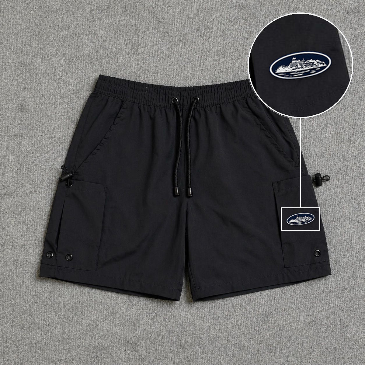Short Cargo Streetwear Urban com Bolsos Laterais Preto com patch Cortez Prisao