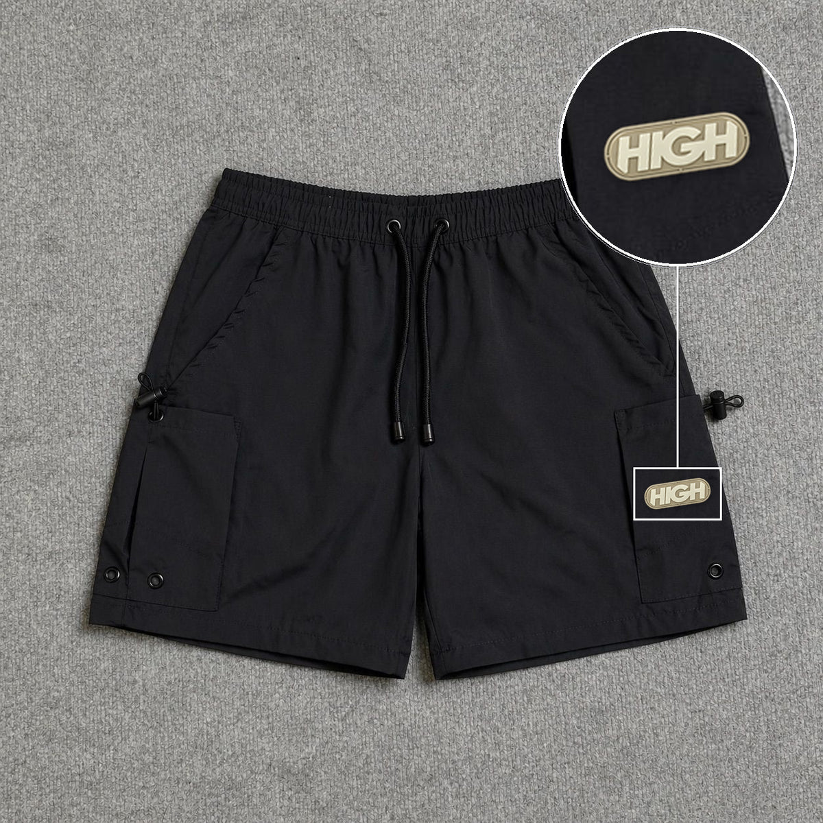 Short Cargo Streetwear Urban com Bolsos Laterais Preto com patch High Resina Oval Bege