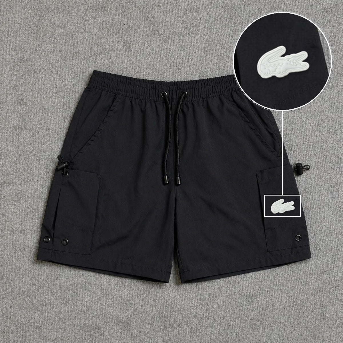 Short Cargo Streetwear Urban com Bolsos Laterais Preto com patch Lacoste Sp Branco