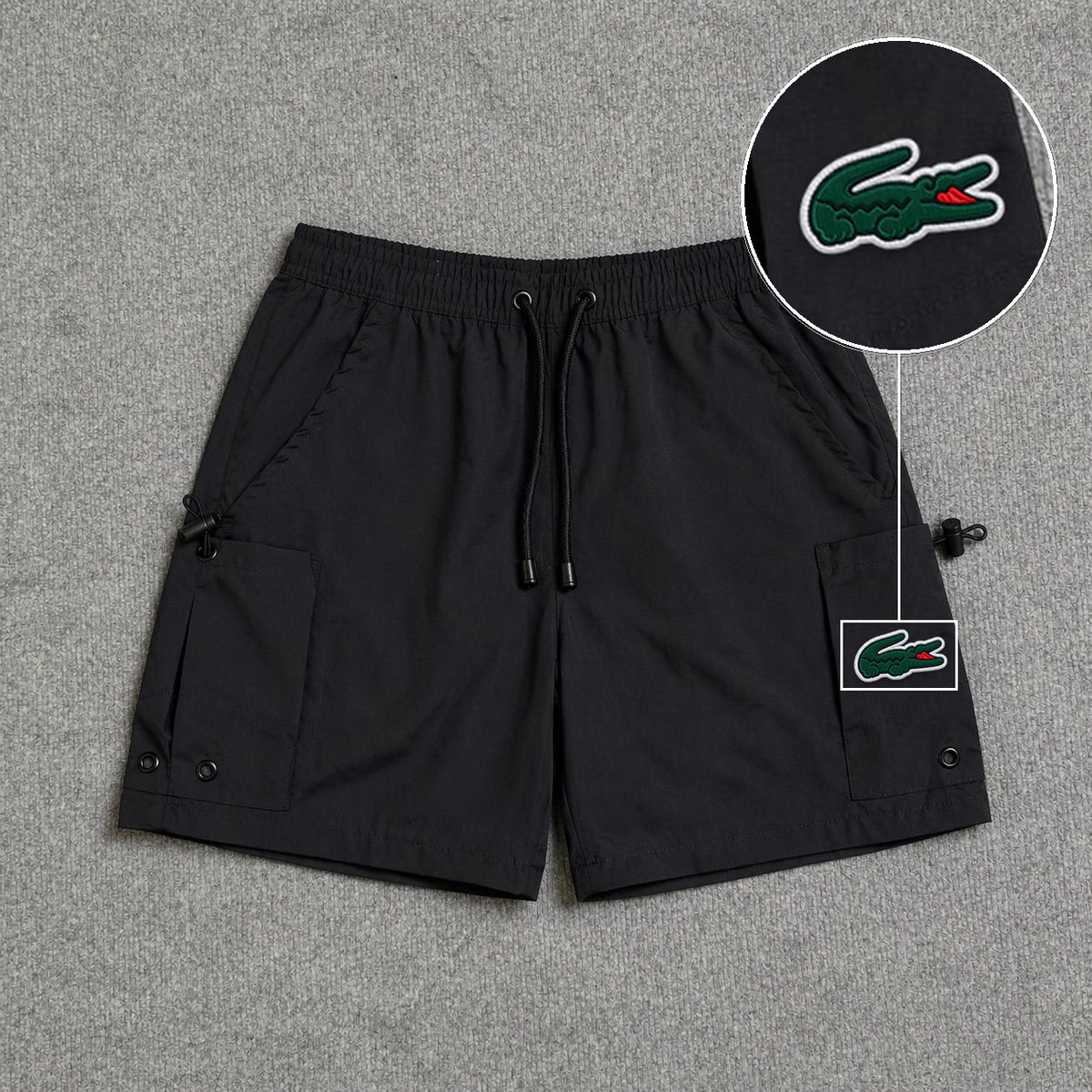 Short Cargo Streetwear Urban com Bolsos Laterais Preto com patch Lacoste Sp