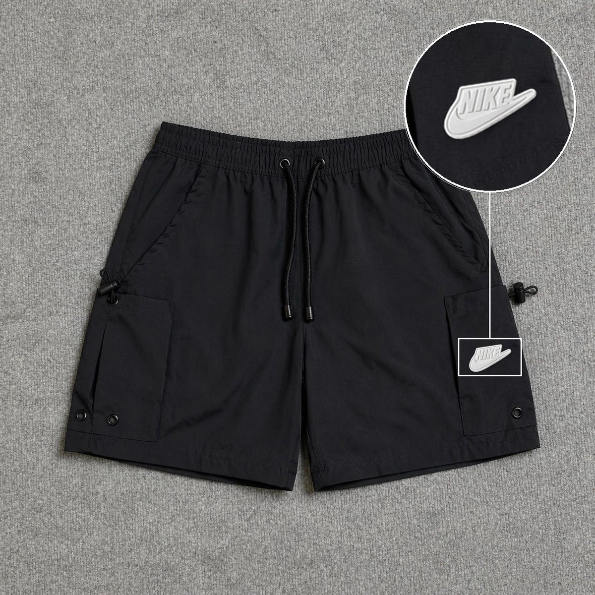 Short Cargo Streetwear Urban com Bolsos Laterais Preto com patch Nike Branco