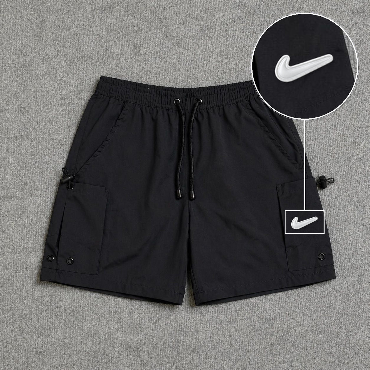 Short Cargo Streetwear Urban com Bolsos Laterais Preto com patch Nike Facao Sp Branca