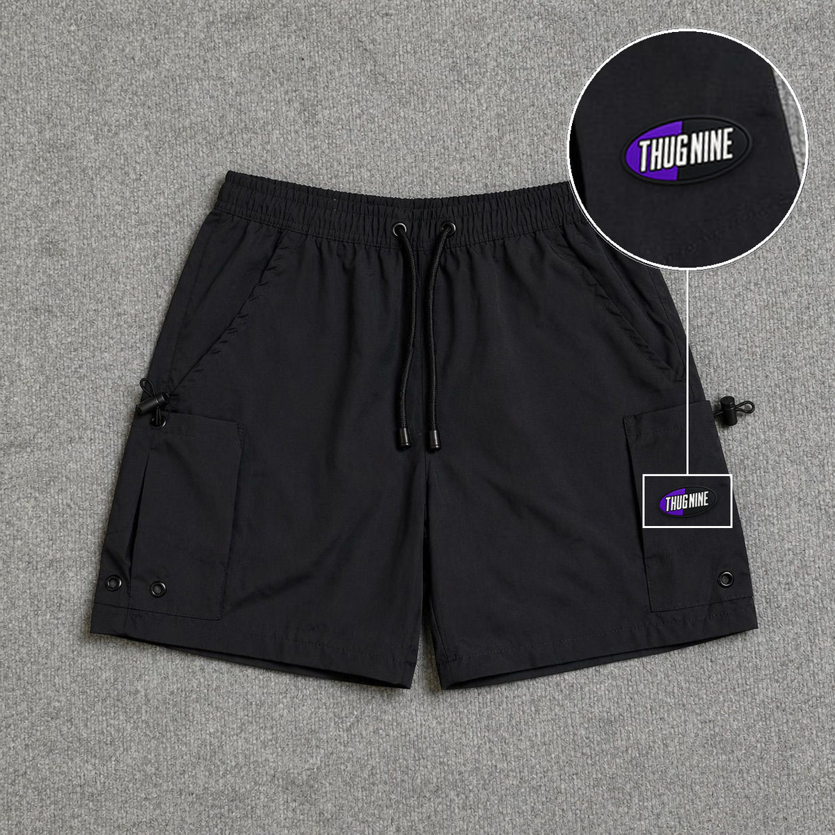 Short Cargo Streetwear Urban com Bolsos Laterais Preto com patch Thug Nine Oval Preto Com Roxo