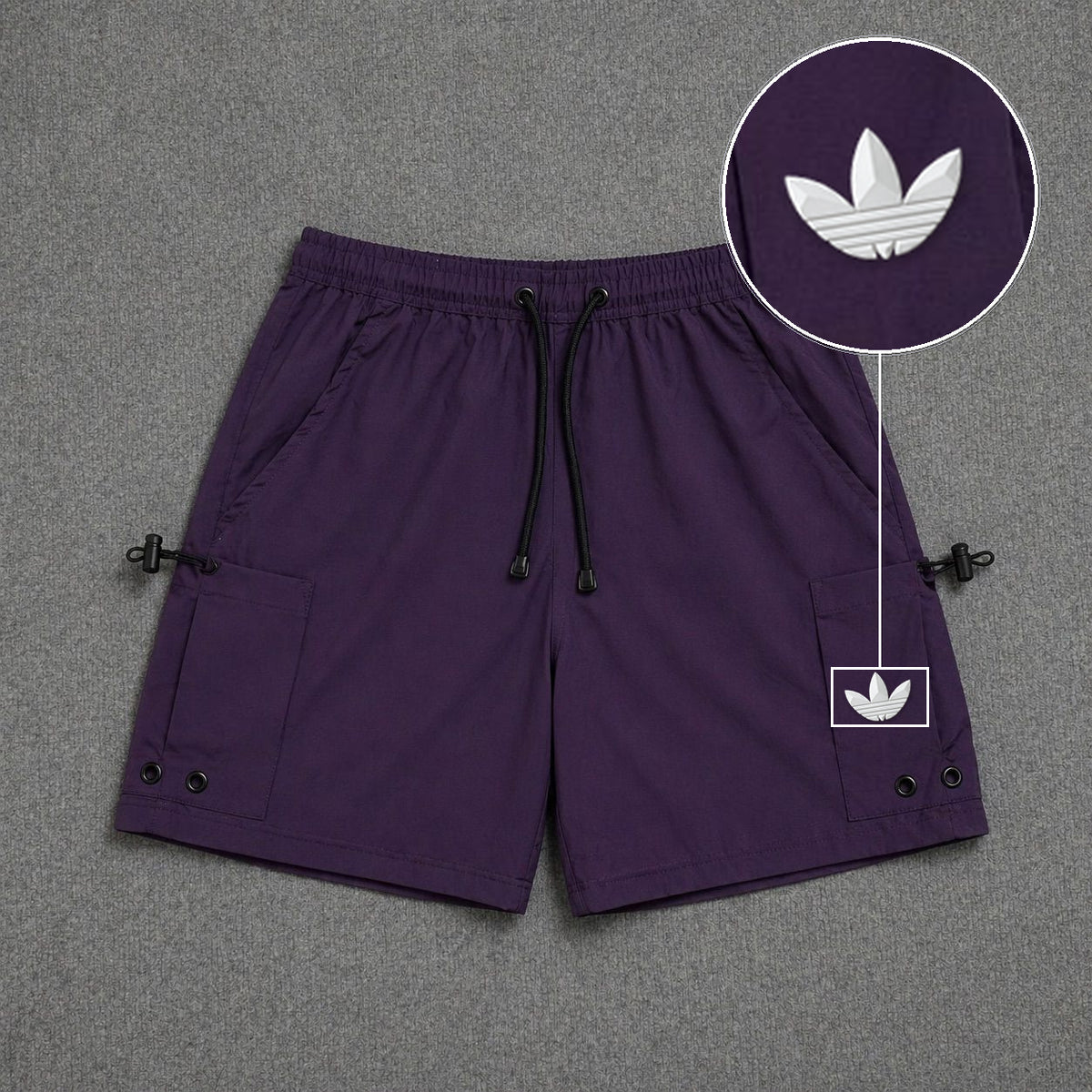 Short Cargo Streetwear Urban com Bolsos Laterais Roxo com patch Adidas Branco