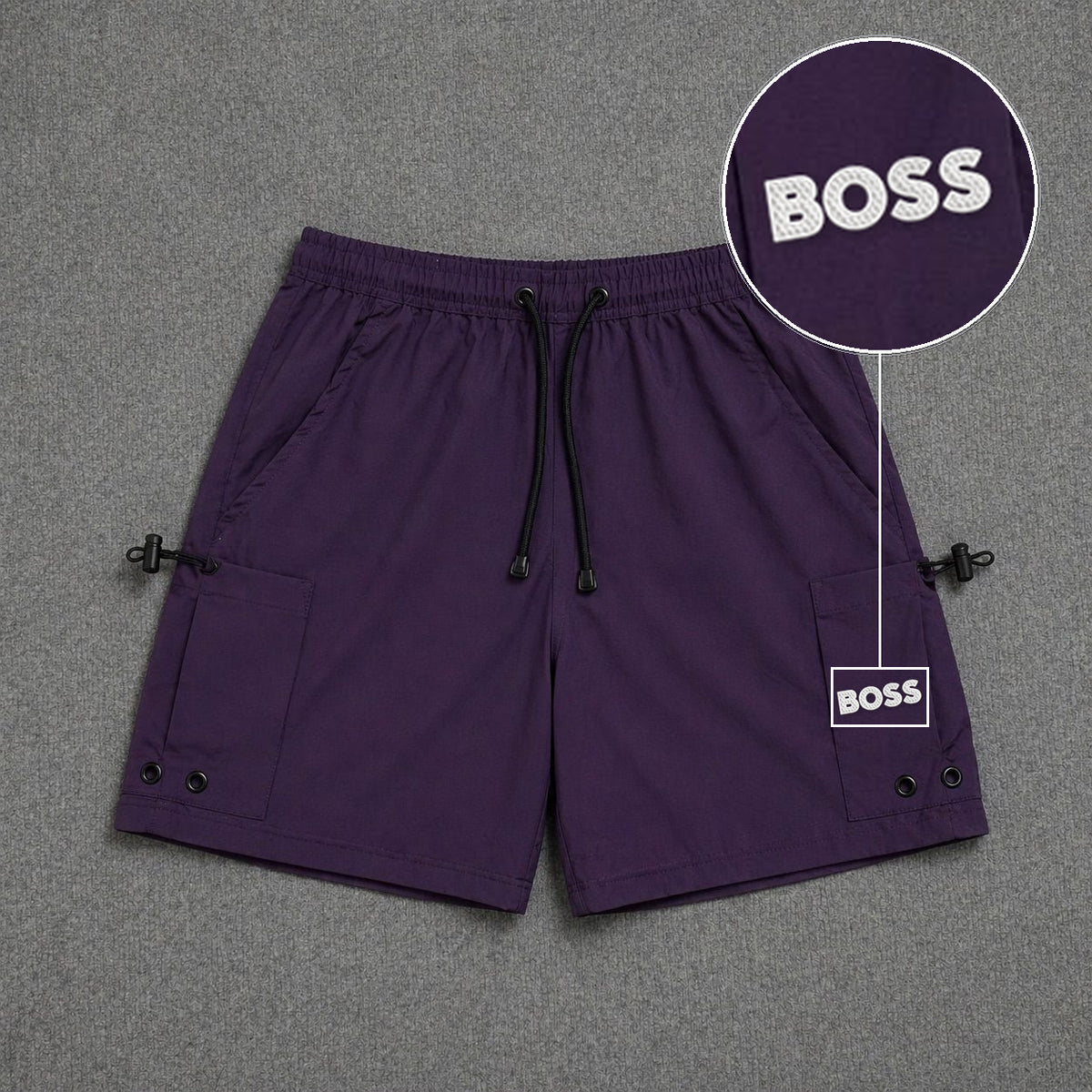Short Cargo Streetwear Urban com Bolsos Laterais Roxo com patch Boss Sp Branco