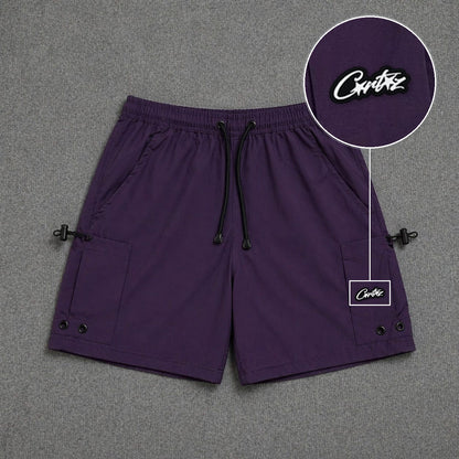 Short Cargo Streetwear Urban com Bolsos Laterais Roxo com patch Cortez Escrito